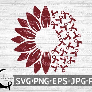 May include: A maroon sunflower with a circle of maroon awareness ribbons with hearts in the center. The background is a white woodgrain pattern. The text "SVG+PNG+EPS+JPG+PDF" is at the bottom of the image.