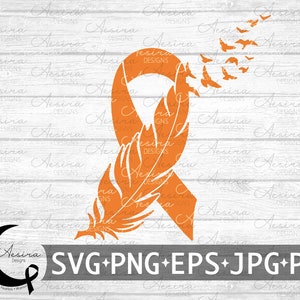 May include: An orange ribbon design with a feather and birds, featuring the text "SVG+PNG+EPS+JPG+PDF". The background is a white wood grain pattern with the text "Aesira Designs".