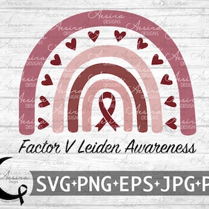 May include: A rainbow with pink, red, and brown stripes, with a pink ribbon in the center. The rainbow is surrounded by small pink hearts. The text "Factor V Leiden Awareness" is below the rainbow. The image also includes a crescent moon with a pink ribbon.