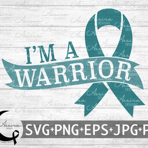 May include: Teal ribbon with the text "I'm a Warrior" in white lettering. The ribbon is on a white wood background. The image also includes a logo with a crescent moon and ribbon.