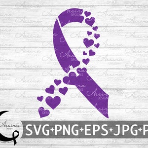 May include: Purple ribbon with a trail of small purple hearts, on a white woodgrain background. The text "SVG+PNG+EPS+JPG+PDF" is at the bottom of the image.