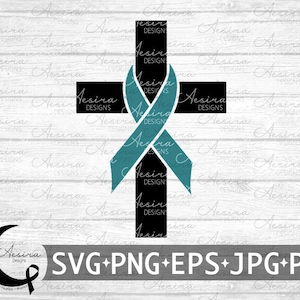 May include: A teal blue ribbon tied around a black cross on a white woodgrain background. The text "Aesira Designs" is at the bottom of the image.