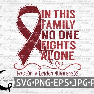 May include: A red ribbon with white polka dots, a heart, and the text "In this family no one fights alone." The text "Factor V Leiden Awareness" is below the ribbon. The text "SVG+PNG+EPS+JPG+PDF" is at the bottom of the image.