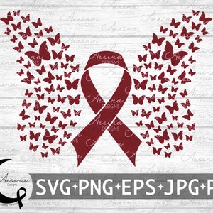Könnte beinhalten: Ein dunkelrotes Band mit einem Schwarm burgunderfarbener Schmetterlinge auf jeder Seite. Die Schmetterlinge sind in Herzform angeordnet. Das Bild enthält den Text "SVG+PNG+EPS+JPG+PDF".