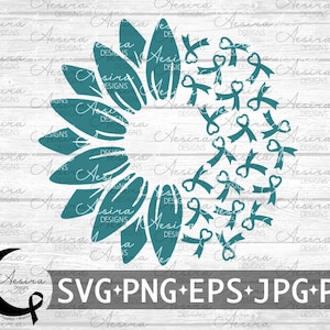 May include: A teal blue sunflower with a half circle of teal blue ribbons with hearts in the centre. The background is a white woodgrain pattern. The text "SVG+PNG+EPS+JPG+PDF" is at the bottom of the image.