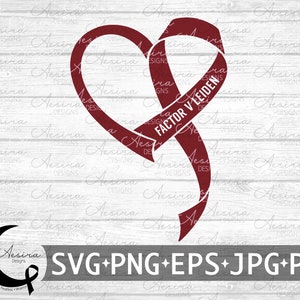 May include: A red ribbon tied in the shape of a heart with the text "FACTOR V LEIDEN" written on it. The ribbon is on a white wood background.
