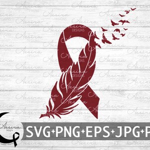 May include: A maroon ribbon with a feather design, symbolizing hope and strength. The ribbon is surrounded by a white background with a wood grain texture. The text "SVG+PNG+EPS+JPG+PDF" is at the bottom of the image.