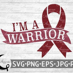 May include: A red ribbon tied in a bow with the words "I'm a Warrior" in white text on a banner. The image is on a white wood background.