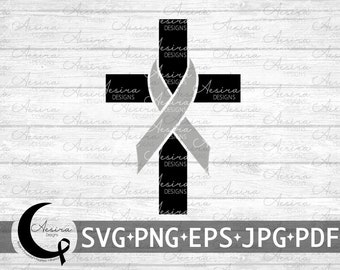 May include: A black cross with a gray ribbon tied around it. The cross is on a white wood background with the text "Aesira Designs" repeated throughout the background. The text "SVG+PNG+EPS+JPG+PDF" is at the bottom of the image.