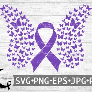 Op de afbeelding: Paarse lint met een ontwerp van vlinders die de vorm van vleugels vormen. Het lint is een symbool van bewustwording voor verschillende oorzaken, waaronder huiselijk geweld, epilepsie en de ziekte van Alzheimer.