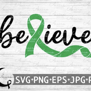 Puede incluir: Una cinta verde con la palabra "creer" en letras cursivas negras. La cinta es un símbolo de apoyo y concienciación para diversas causas.