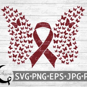 May include: A burgundy ribbon with a design of butterflies flying out of it. The ribbon is a symbol of support and awareness for various causes.