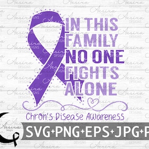 May include: Purple ribbon with the text "In this family no one fights alone" and the words "Chron's Disease Awareness" below. The ribbon is on a white woodgrain background.