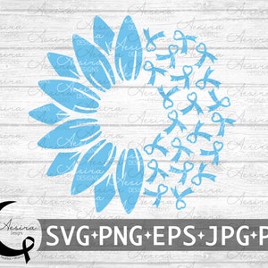 May include: A light blue sunflower with a circle of light blue ribbons with hearts in the center. The background is a white woodgrain pattern. The text "SVG+PNG+EPS+JPG+PDF" is at the bottom of the image.