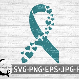 May include: Teal blue ribbon with a heart design, surrounded by smaller hearts. The ribbon is on a white woodgrain background. The text "SVG+PNG+EPS+JPG+PDF" is at the bottom of the image.