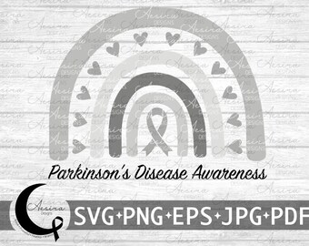 May include: A gray rainbow with a gray ribbon in the center. The rainbow is surrounded by small gray hearts. The text "Parkinson's Disease Awareness" is below the rainbow. The text "SVG+PNG+EPS+JPG+PDF" is below the text.