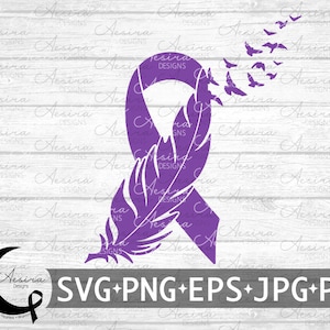 May include: Purple ribbon with a feather design and a flock of birds flying away. The ribbon is a symbol of awareness for a cause. The image includes the text "SVG+PNG+EPS+JPG+PDF".