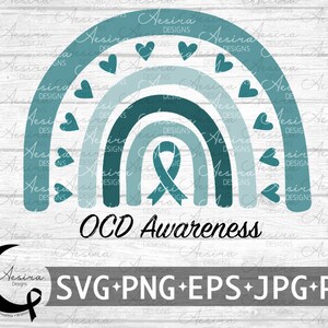 May include: A teal blue rainbow with a blue ribbon in the centre and small white hearts around the rainbow. The text "OCD Awareness" is below the rainbow.