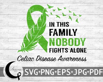 May include: Green ribbon with a feather design and the text "In this family nobody fights alone" and "Celiac Disease Awareness". The ribbon is on a white wood background with a black crescent moon and ribbon in the lower left corner. The text "SVG+PNG+EPS+JPG+PDF" is in the lower right corner.