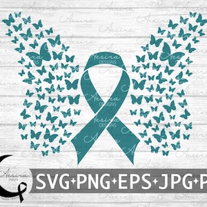 May include: Teal blue ribbon with a cluster of teal blue butterflies on each side. The ribbon is tied in a bow. The background is a white woodgrain pattern.