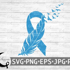 May include: A blue ribbon with a white feather design, symbolizing hope and support. The ribbon is surrounded by a white wooden background with the text "Aesira Designs" repeated throughout.