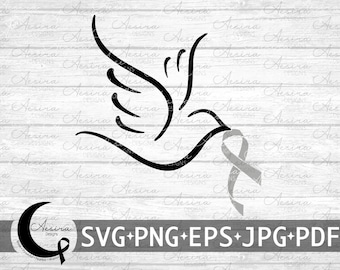 May include: Black line art of a dove carrying a gray ribbon, set against a white wood grain background. The dove design is accompanied by the text "SVG+PNG+EPS+JPG+PDF". The image has a minimalist, graphic style.