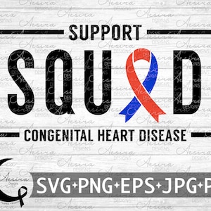 May include: Black and white graphic with the text "Support Squad" in a bold font. The text is enclosed in a black square. A red and blue ribbon is below the text. The text "Congenital Heart Disease" is below the ribbon.