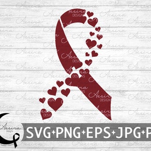 May include: A burgundy awareness ribbon design with heart accents. The ribbon is adorned with several small hearts. The design includes the text "SVG+PNG+EPS+JPG+PDF" in a sans-serif font. The background is a light wood grain.