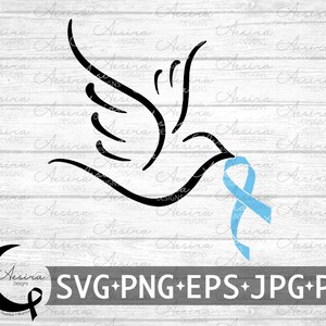 May include: A black stylized dove with a light blue ribbon in its beak. The dove is a symbol of peace and hope. The ribbon is a symbol of support and awareness. The image is set against a white woodgrain background. The text "SVG+PNG+EPS+JPG+PDF" is at the bottom of the image.