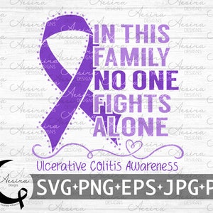 May include: Purple ribbon awareness graphic with the text "In this family no one fights alone" and the words "Ulcerative Colitis Awareness" below. The graphic includes a purple ribbon with a dotted border and a heart shape at the bottom.