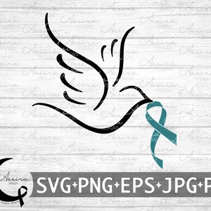 May include: Black silhouette of a dove holding a teal blue ribbon. The dove is a symbol of peace and hope. The ribbon is a symbol of awareness and support for a cause.