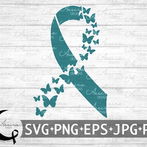 May include: Teal blue ribbon with a crescent moon and the text "Aesira Designs" in black. The ribbon is surrounded by a scattering of teal blue butterflies.