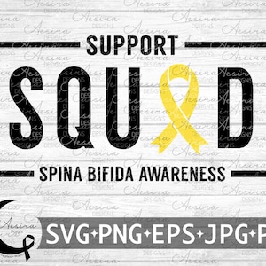 May include: Black and yellow graphic with the text "SUPPORT SQUAD" and "SPINA BIFIDA AWARENESS". A yellow ribbon is included in the design.