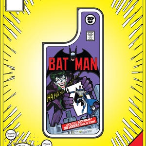 May include: An iPhone 14 phone case with an interchangeable graphic insert. The insert features a comic book cover with Batman and the Joker. The text includes "BATMAN", "HA HA HA", and "LOOK OUT, GOTHAM! THE JOKER'S BACK IN TOWN!" The case is 3D custom printed from ABS Resin.