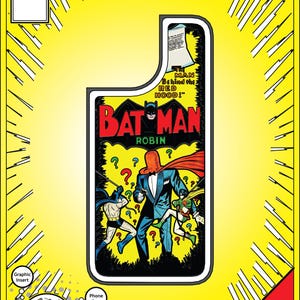 May include: A yellow graphic insert for an iPhone 15 featuring a vintage comic book cover with Batman and Robin. The insert reads "BATMAN ROBIN" and "The Man Behind the Red Hood!" with a 3D custom print from ABS Resin.