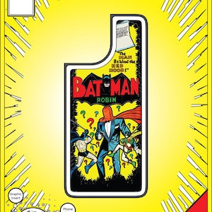 May include: A yellow iPhone 12 phone case with an interchangeable graphic insert featuring a vintage Batman and Robin comic book cover. The graphic insert is 3D custom printed from ABS resin.