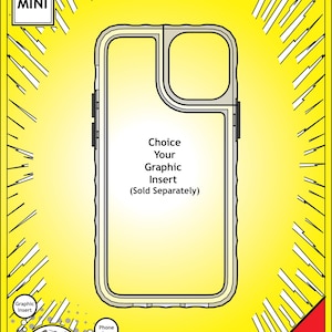 May include: Clear hard shell phone case for iPhone 12 Mini. The case is 3D printed from high-impact resin. The design includes a space for a graphic insert, sold separately. The background is yellow with lightning bolt graphics.