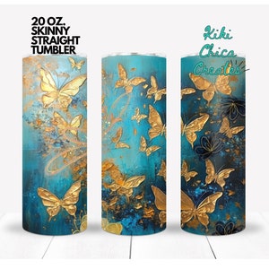 Gold Butterflies, aqua, golden, glitter,  handmade sublimation - 20 oz tumbler