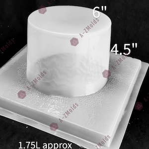 May include: A clear plastic mold for making cakes or other desserts. The mold is 6 inches tall and 4.5 inches wide. It has a capacity of 1.75 liters.