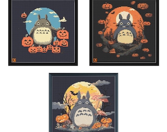 October Spookyfest 3 PIECES Cross-Stitch Pattern, Totoro Halloween Stitch Pattern, Ghibli Studios Stitch Pattern, PDF Stitch Pattern