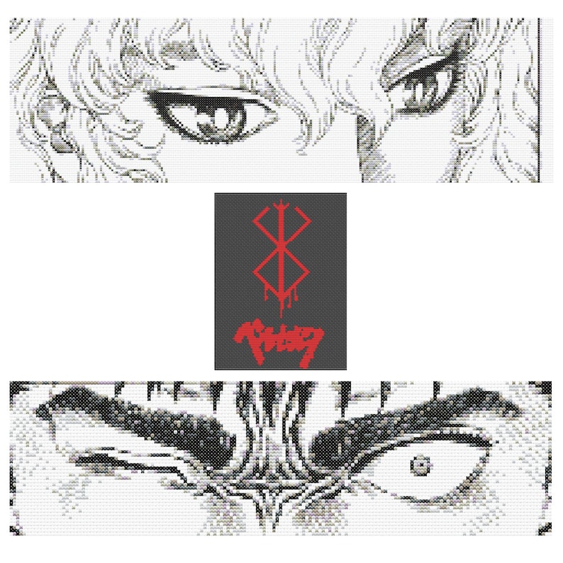 May include: A pixelated image in black, white, and red, featuring anime-style eyes and a red symbol with the word "BERSERK". The eyes are detailed, conveying intensity. The symbol is on a grey background.