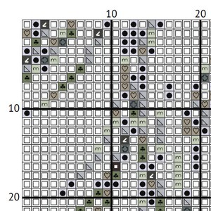 May include: A cross-stitch pattern chart with a grid of squares. The design features various symbols, including hearts, circles, triangles, and floral motifs, in shades of green, grey, and black. The chart is divided into numbered rows and columns.