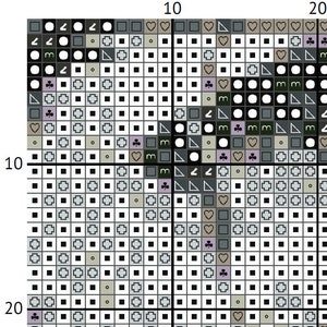 May include: A cross-stitch pattern chart with a grid of squares, featuring various symbols in black, white, grey, and lavender. The symbols include hearts, triangles, circles, and floral designs. The numbers 10 and 20 are visible.