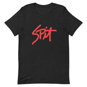 May include: Black t-shirt with a red "SPiT" graphic design.