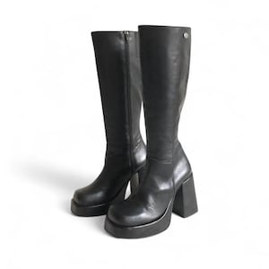 Bottes Buffalo London Noires En Cuir Véritable - Taille 38 (UK 5) - Talon Très Haut 10cm - Fermeture éclair - Occasion