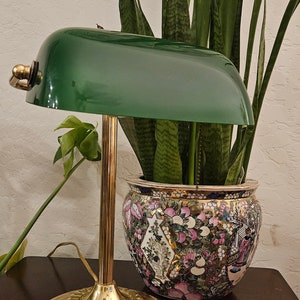 Vintage bankers lamp green glass and brass