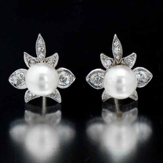 Stunning Pair of Platinum 14k Gold Pearl and Diamo