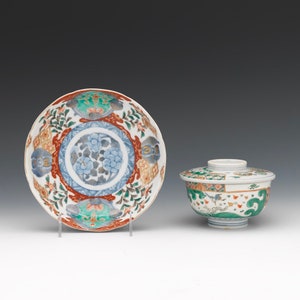 Japanese Imari Famille Vert Porcelain Cup with Cover and Bowl  ca. Late Meiji Period