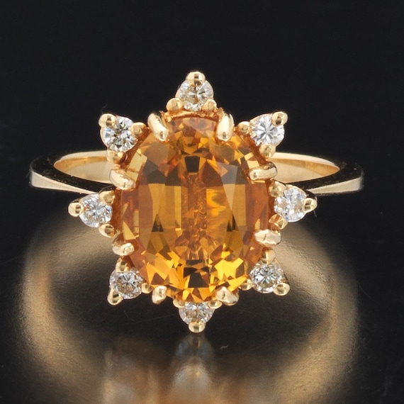14K Gold, Amber Citrine and Diamond Cocktail Ring… - image 1