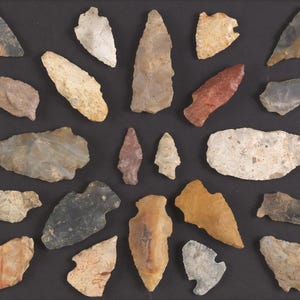 May include: A collection of twenty-one stone arrowheads and spear points arranged in a grid. The artifacts vary in color, including shades of gray, tan, brown, reddish-orange, and cream, and feature distinct chipped edges and pointed tips.
